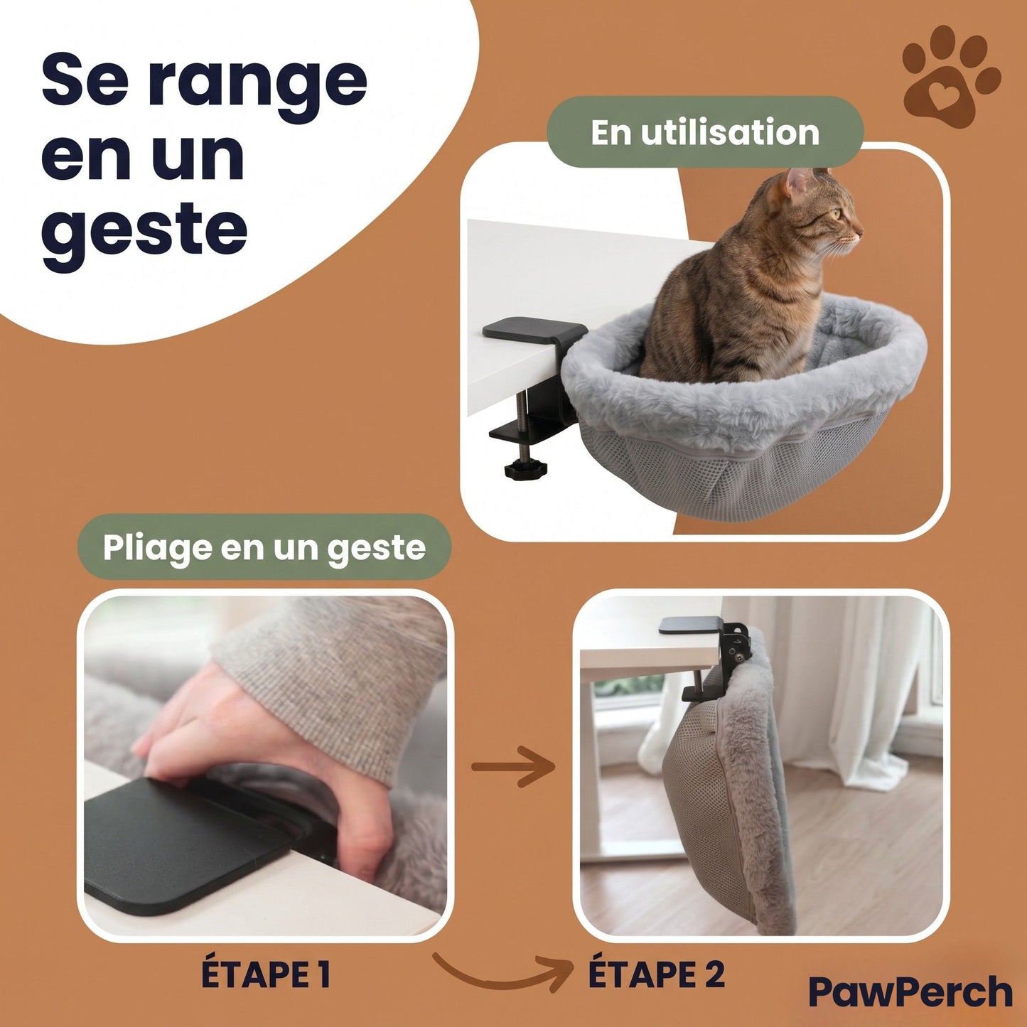 PawPerch Pliable se range en un geste — pliage instantané en 2 étapes rangement compact sous le bureau