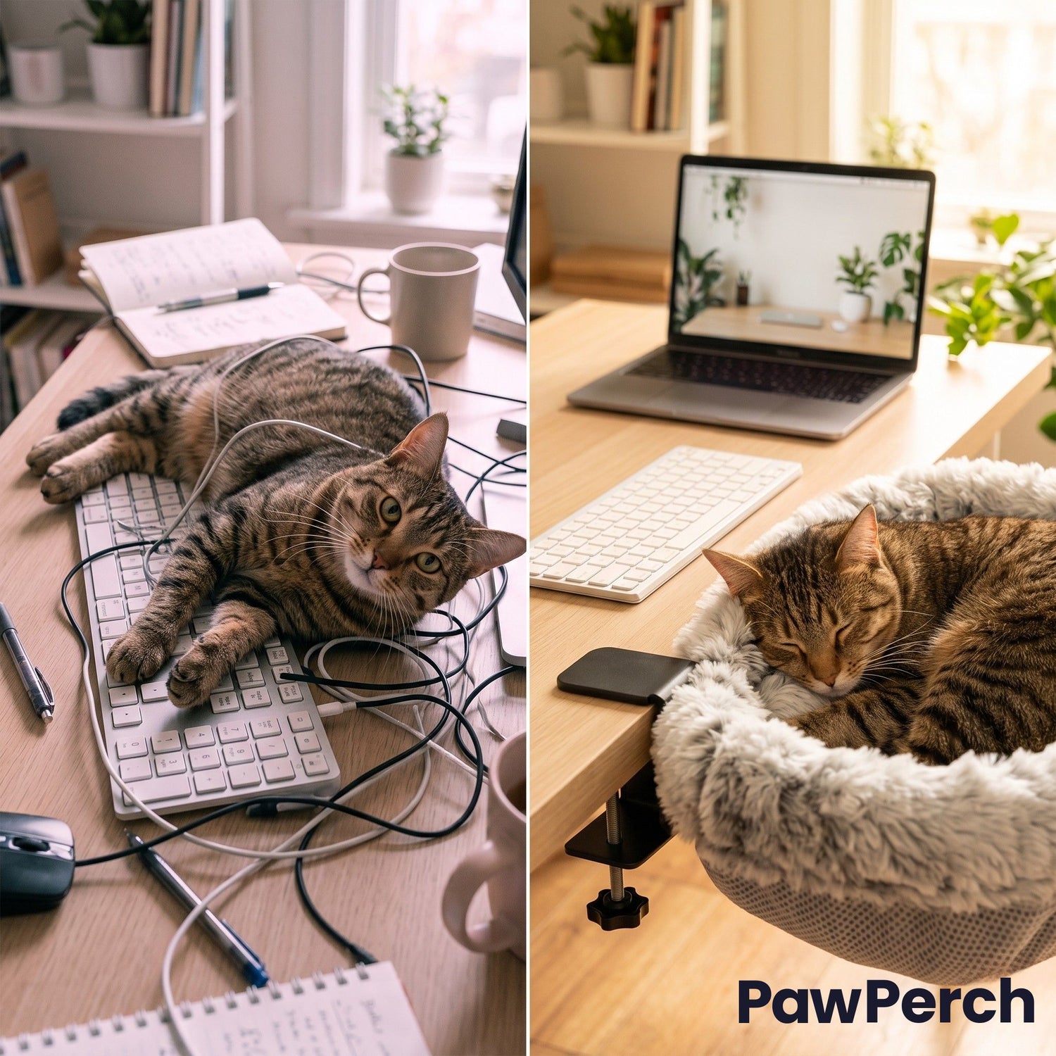 Avant après - chat sur clavier bureau encombré vs chat dans lit PawPerch bureau libre et organisé