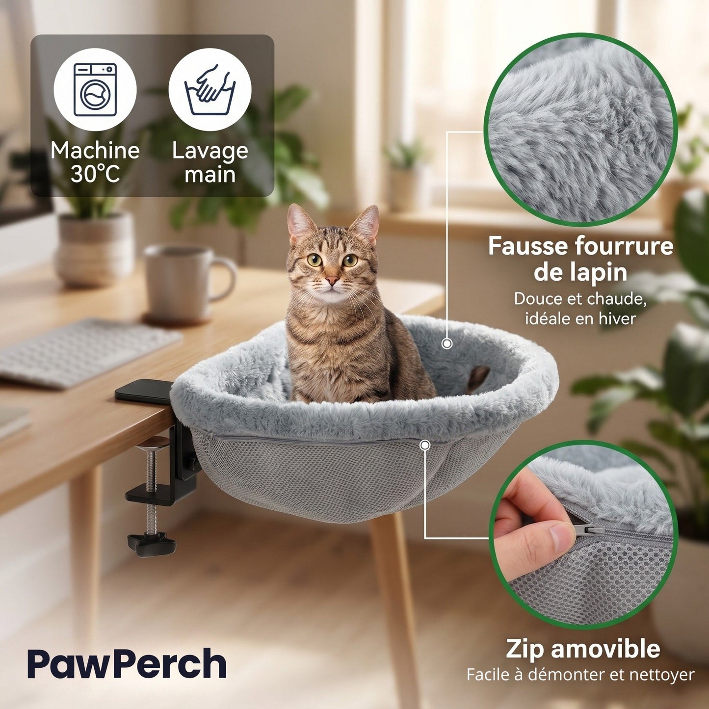 Entretien PawPerch Pliable — coussin fausse fourrure lavable en machine 30°C zip amovible facile à nettoyer