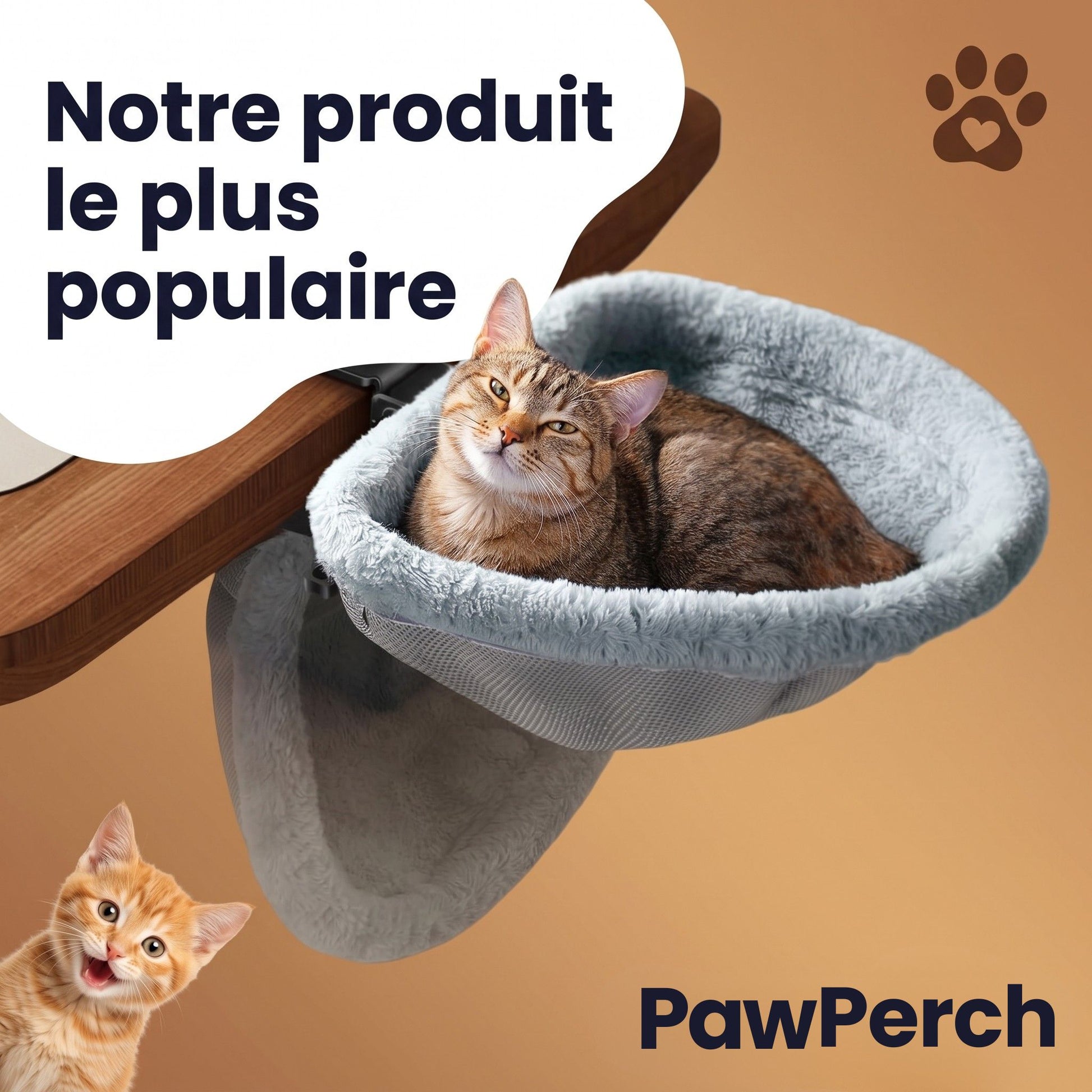 PawPerch Pliable — lit de bureau pour chat semi-circulaire avec coussin fausse fourrure de lapin gris