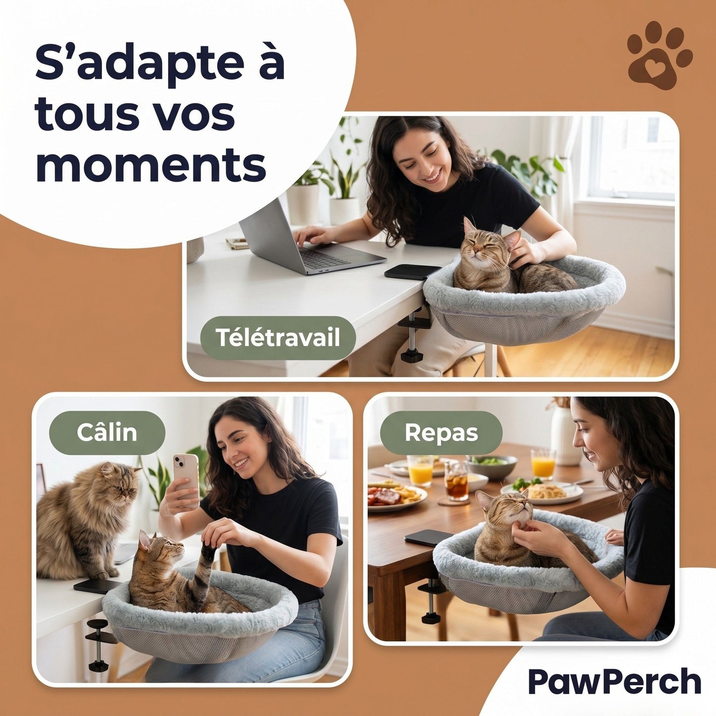 PawPerch Pliable pour télétravail câlin et repas — lit de bureau pour chat qui s adapte à tous vos moments